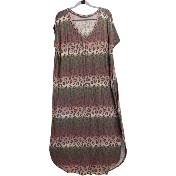 Zenana Dresses & Skirts - Zenana Women 1X Leopard Ombre Maxi Dress Pink Tan V-Neck Short Sleeve Pockets
